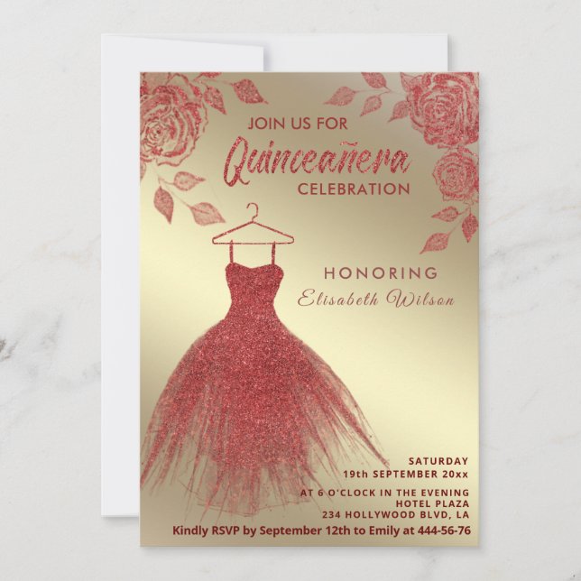 Invitation Roses rouge or Roses robe parties scintillant roug (Devant)