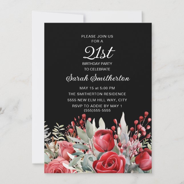 Invitation Roses Rouges 21e Anniversaire Noir (Devant)