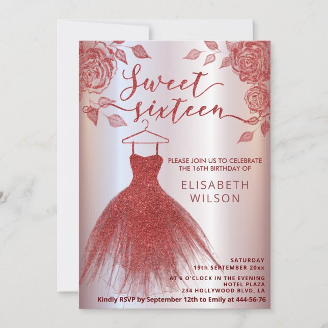 Invitation Roses rouges adorables robe rouge gliterie Invitat (Devant)