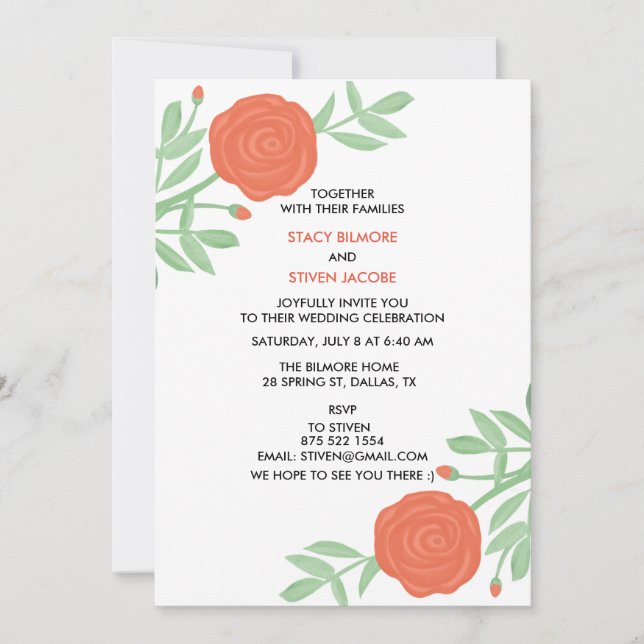 Invitation Roses rouges Aquarelle rouge et Mariage vert (Devant)