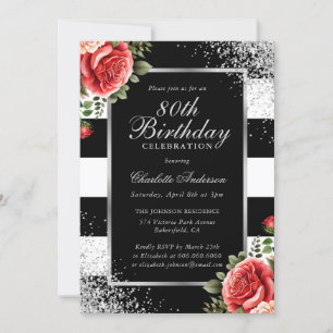 Invitation Roses Rouges Argent Noir Confetti 80e anniversaire