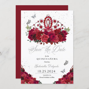 Invitation Roses Rouges & Argent Tiara Enregistrer La Date Qu