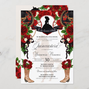 Invitation Roses rouges avec Crest Charro Ouest Elégant Quinc