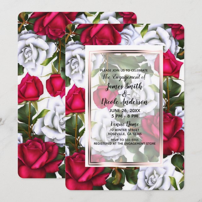 Invitation Roses Rouges & Blanches Engagement Glamour Chic Sh (Devant / Derrière)
