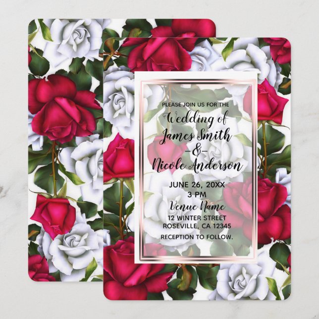 Invitation Roses Rouges & Blanches Mariage Shabby Chic Glamou (Devant / Derrière)