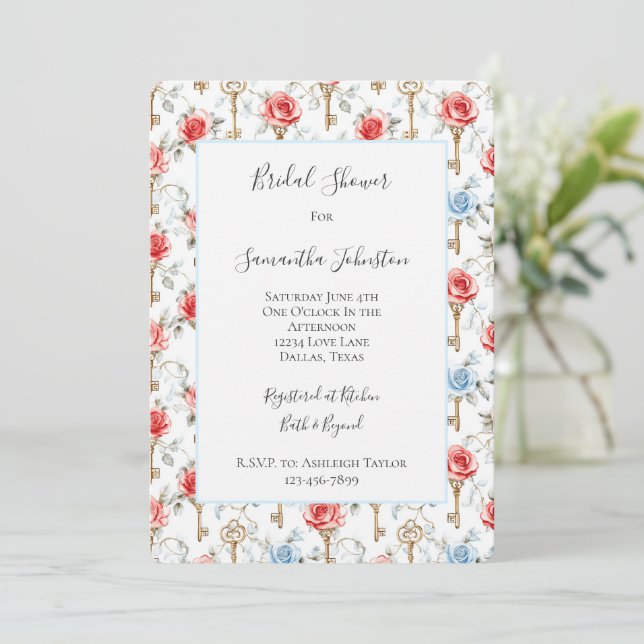 Invitation Roses rouges bleues Clés dorées Baby Shower  (Debout devant)