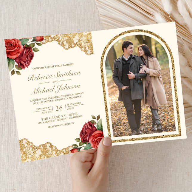 Invitation Roses Rouges Broderie Dorée Crème Code QR Photo Ma (Créateur téléchargé)