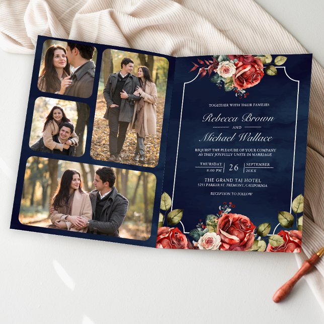 Invitation Roses Rouges Cadre Floral Bleu Nuit Code QR Mariag (Créateur téléchargé)
