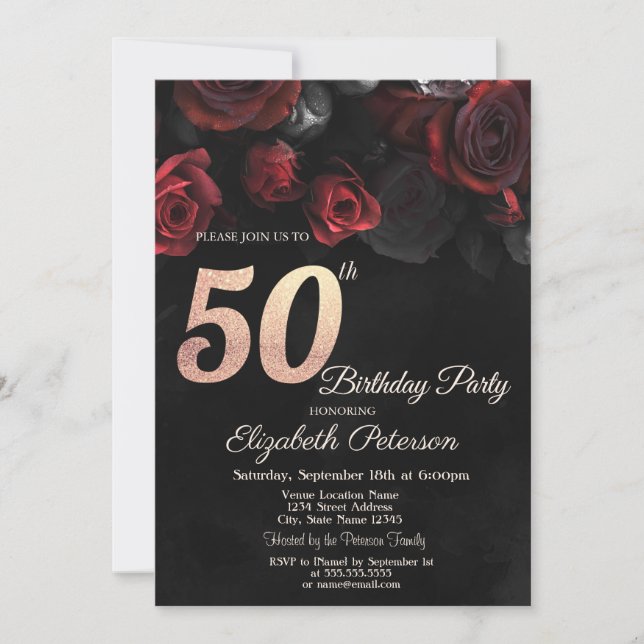 Invitation Roses Rouges Chic sur Fond Noir 50e Anniversaire  (Devant)