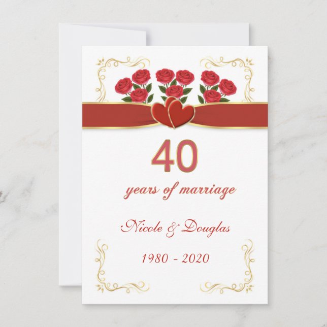 Invitation Roses rouges, coeur 40e anniversaire de Mariage (Devant)
