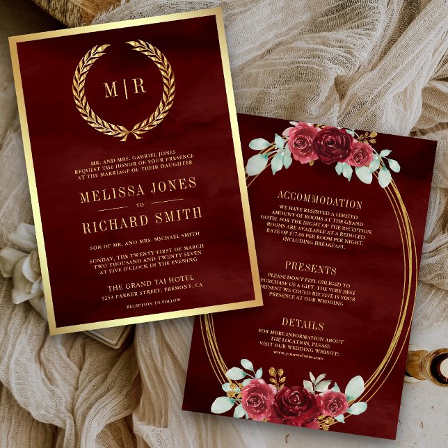 Invitation Roses Rouges de Bourgogne Monogramme Robe de Marié (Créateur téléchargé)