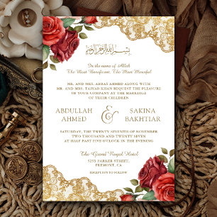 Invitation Roses Rouges Dentelle Dorée Code QR Mariage Musulm