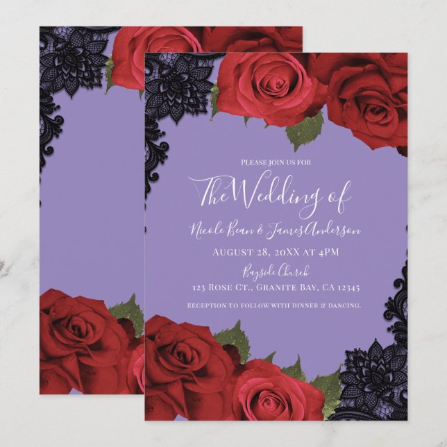 Invitation Roses Rouges & Dentelle Noire Chic Mariage Violet  (Devant / Derrière)