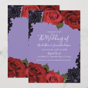 Invitation Roses Rouges & Dentelle Noire Chic Mariage Violet