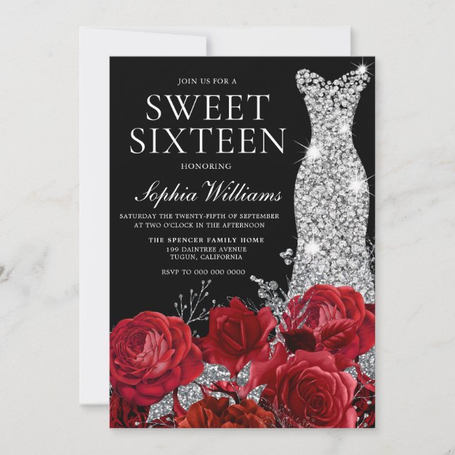 Invitation Roses rouges Diamond Gown Black Sweet 16 Anniversa (Devant)
