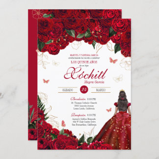 Invitation Roses rouges Elégante Florale & Papillon Quinceane