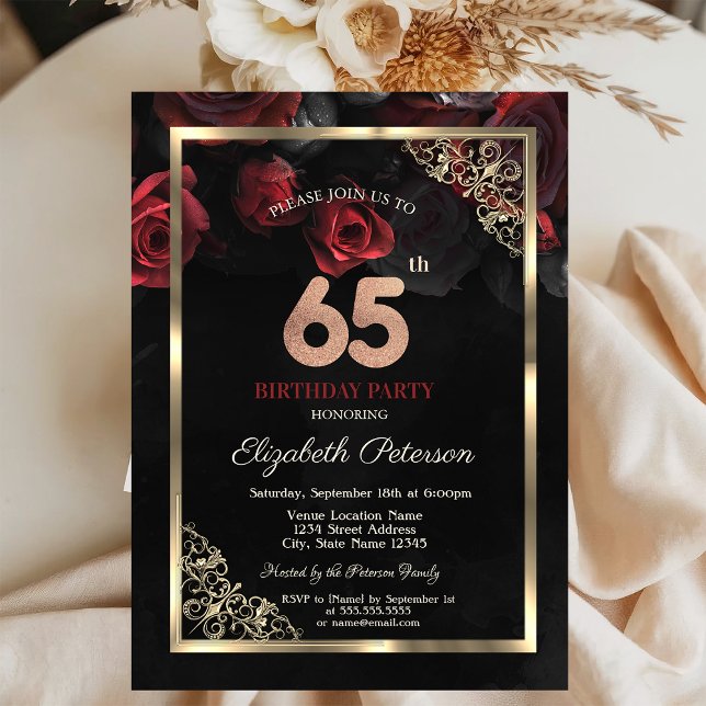 Invitation Roses Rouges Élégantes Cadre 65e Anniversaire (Créateur téléchargé)