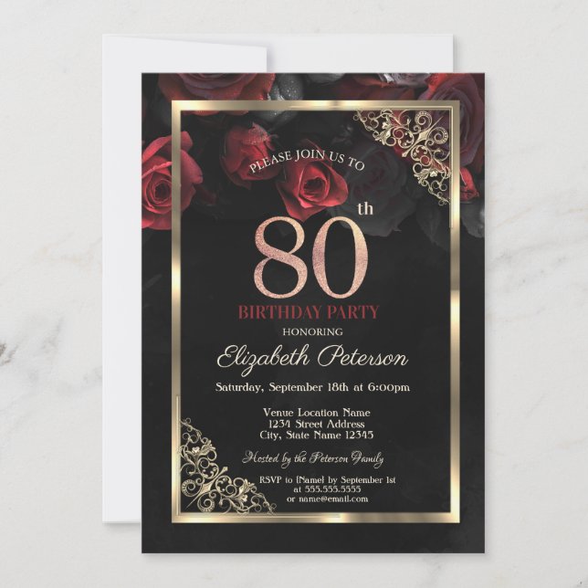 Invitation Roses Rouges Élégantes Cadre 80e Anniversaire (Devant)