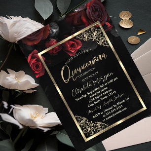 Invitation Roses Rouges Élégantes Cadre Doré Quinceañera Noir