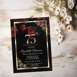 Invitation Roses Rouges Élégantes Cadre Noir 75e Anniversaire