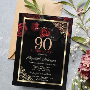 Invitation Roses Rouges Élégantes Cadre Noir 90ème Anniversai