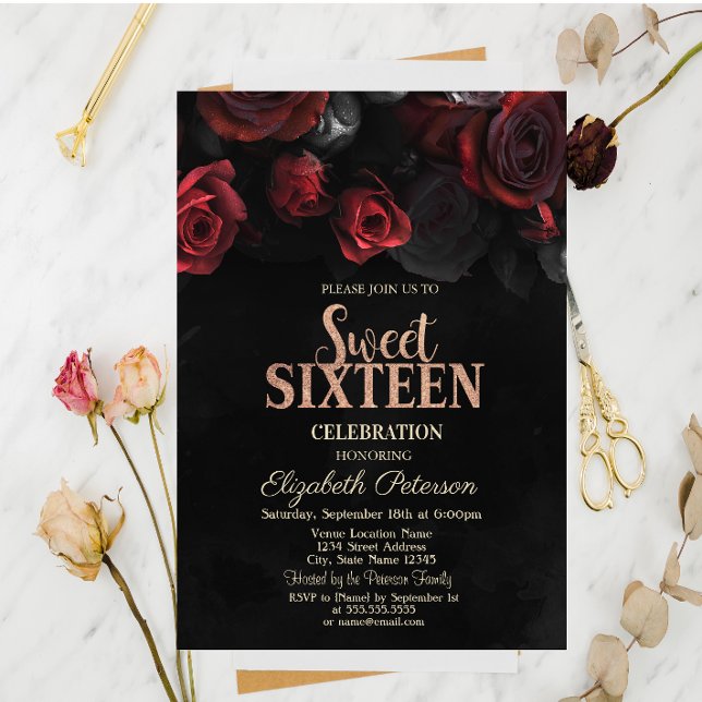 Invitation Roses Rouges Élégantes Noires Douces 16 Ans (Créateur téléchargé)