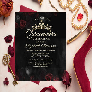 Invitation Roses Rouges Élégantes Quinceañera Gothique