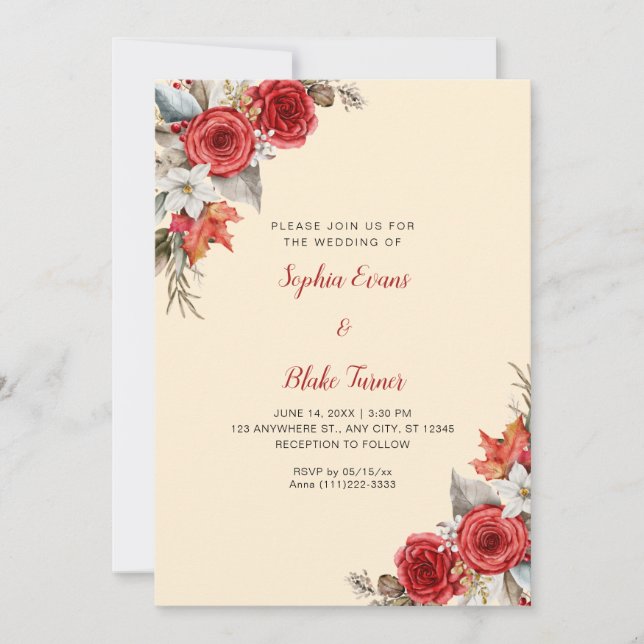 Invitation Roses Rouges Élégantes Rustiques Mariage Orange Cl (Devant)