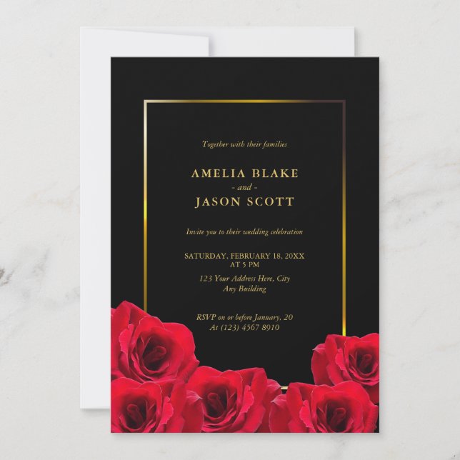 Invitation Roses rouges en noir | Cadre Gold avec Mariage pho (Devant)