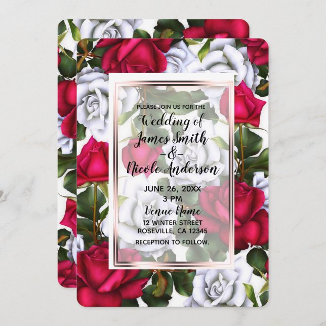 Invitation Roses rouges et blanches Chic Mariage de glaces (Devant / Derrière)
