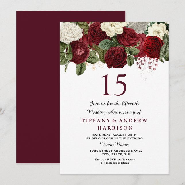 Invitation Roses rouges et blanches de Bourgogne pour les 15  (Devant / Derrière)