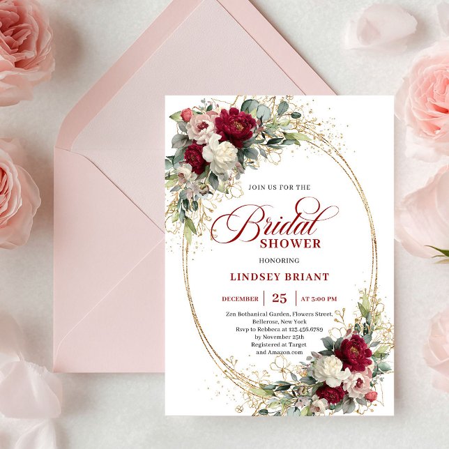 Invitation Roses Rouges et Blanches Raffinées Mariage Fête de (Refined Red and White Roses Gold Bridal Shower Invite)