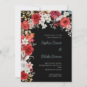 Invitation Roses Rouges et Blanches Romantiques Mariage Noir