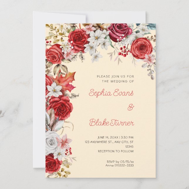 Invitation Roses rouges et blanches romantiques Mariage orang (Devant)