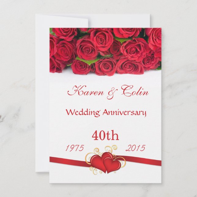 Invitation Roses rouges et cœurs 40e anniversaire de mariage (Devant)