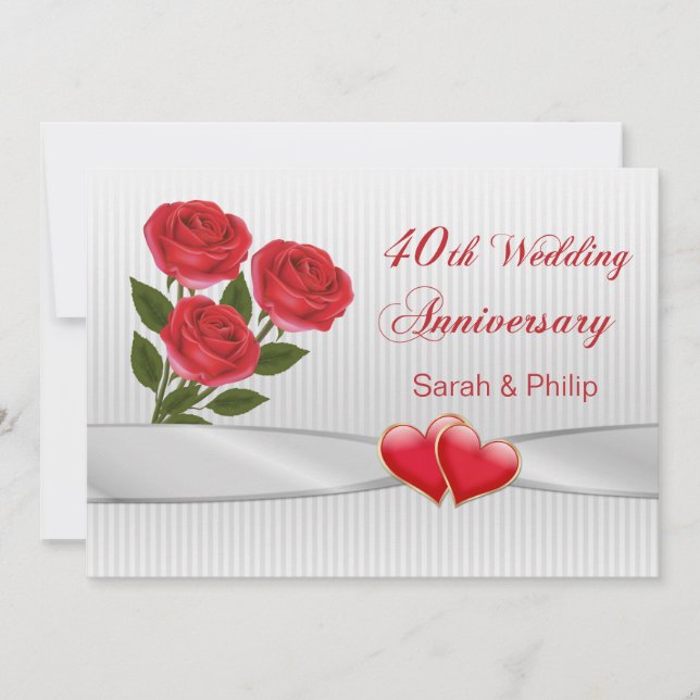 Invitation Roses rouges et cœurs pour 40 ans de mariage (Devant)