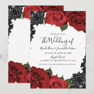 Invitation Roses rouges et dentelle noire Mariage chic blanc