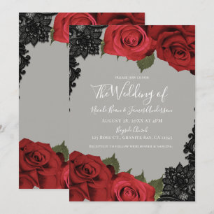 Invitation Roses rouges et dentelle noire Mariage chic gris