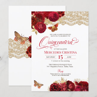 Invitation Roses rouges et dentelle papillon glamour Quinceañ