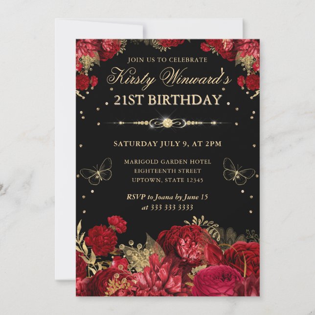 Invitation Roses rouges et dorées Bordure florale 21e anniver (Devant)