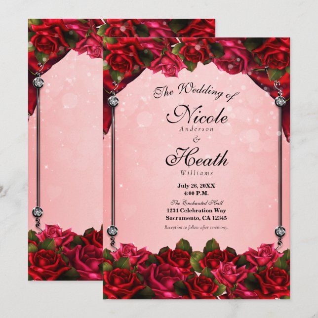 Invitation Roses Rouges et Glamour Rose Mariage (Devant / Derrière)