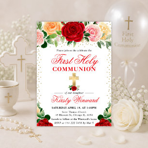 Invitation Roses Rouges et Jaunes Première Communion Solennel