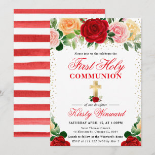 Invitation Roses Rouges et Jaunes Première Communion Solennel