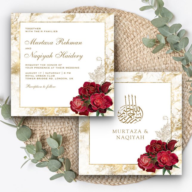 Invitation Roses rouges et marbre d'or Mariage musulman islam (Créateur téléchargé)