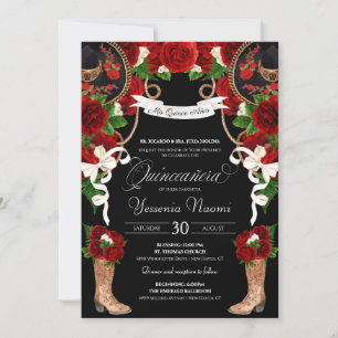 Invitation Roses rouges et Mariachi noir/Charro Quinceanera