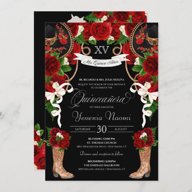 Invitation Roses rouges et Mariachi noire Vaquera Quinceanera (Devant / Derrière)
