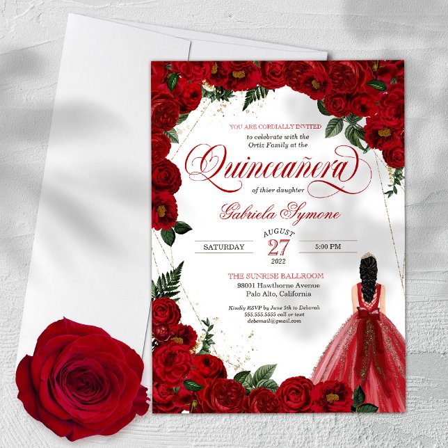Invitation Roses rouges et or Fancy Red Ball Gown Quinceañera (Créateur téléchargé)