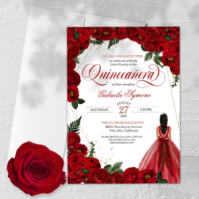 Invitation Roses rouges et or Fancy Red Ball Gown Quinceañera (Créateur téléchargé)