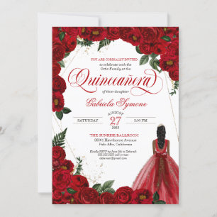 Invitation Roses rouges et or Fancy Red Ball Gown Quinceañera
