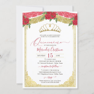 Invitation Roses rouges et or ornemental Elegant Quinceanera